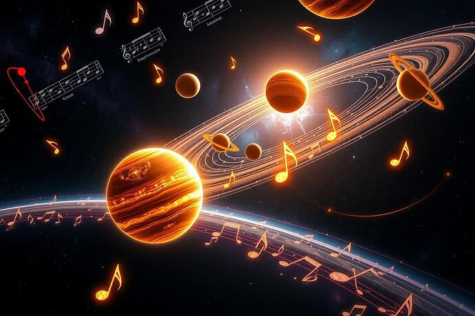 A cosmic view of the solar system, where the planets are not just physical bodies, but glowing, musical notes suspended in a vast, dark, yet vibrant, canvas of the universe. The style should be a blend of classical Renaissance astronomy and futuristic digital art, evoking a sense of cosmic music and mathematical harmony. The image should be rich in detail, with subtle hints of the underlying geometric order and the ethereal glow of the "notes."