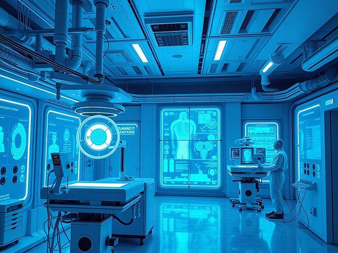 A futuristic laboratory where quantum computers and AI systems are treated like patients, receiving diagnostic scans and injections of light; neon-blue and silver instruments hover in a sterile, clinical space with holographic data streams like diagnostic charts; cinematic, ultra-detailed, ArtStation-quality, soft volumetric light, high-resolution 1440x960
