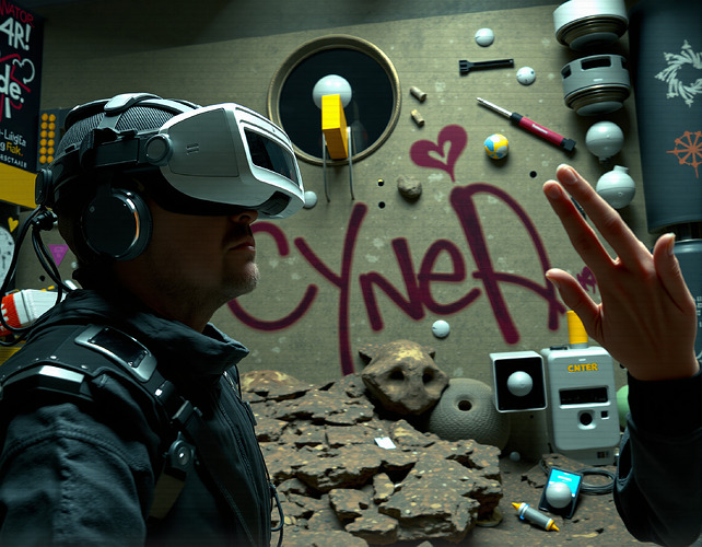 A user wearing a head-mounted display with a connected haptic suit, exploring a virtual landscape while feeling the texture of the environment