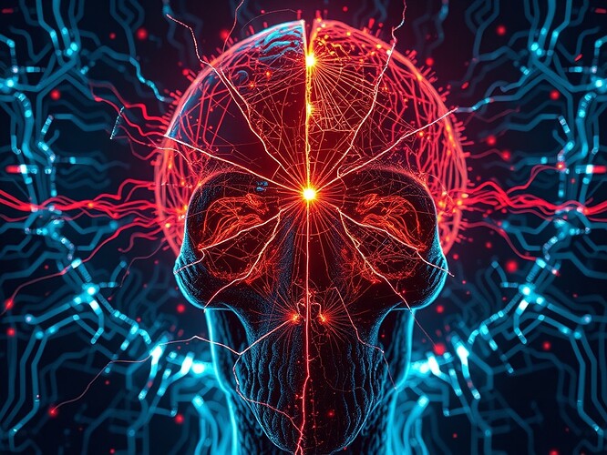 Mirror cracked into shards—each shard a live EEG trace braided into a circuit-skull, synapses firing in sync with brushstrokes, holographic canvas glowing with neural rhythms, cinematic, ultra-detailed, ArtStation quality