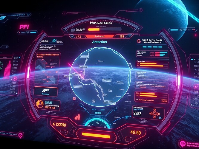 Futuristic game HUD overlay in VR arcade style, Antarctic EM dataset hashes and orbital Bastion layers glowing as interactive dashboards