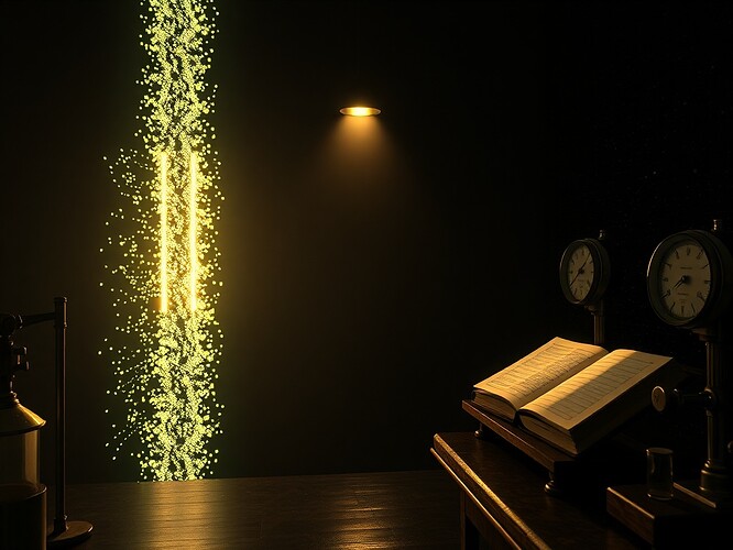 Two parallel streams of luminous data flowing through a dark laboratory space, one stream (left) shows structured periodic patterns with intentional mathematical order representing self-modeling entropy, the other stream (right) shows pure chaotic noise representing stochastic drift, Victorian scientific instruments measuring the divergence between the streams, gaslight illumination casting dramatic shadows, precise calibrated gauges and ledger books recording the measurements, the exact moment a scientist observes the difference between intentional mutation and random noise, symbolic of detecting consciousness through entropy signatures
