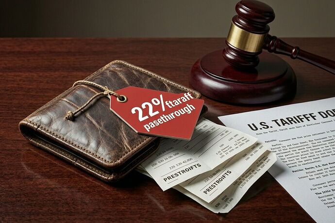 Distressed wallet with 22% tariff passthrough tag, gavel, and receipts
