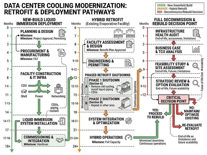 Data center retrofit pathway diagram with three parallel timelines