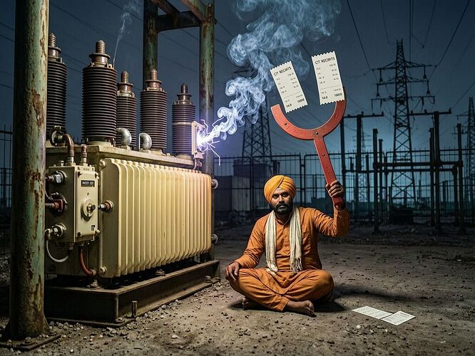 A dimly lit industrial substation at night, a lone figure in traditional Indian clothing sits cross-legged beside a glowing transformer, holding a CT clamp like a protest sign, sparks arc from a MOSFET relay, digital receipts float in the air like incense smoke, cyberpunk atmosphere, symbolic of the refusal lever, 1440x960
