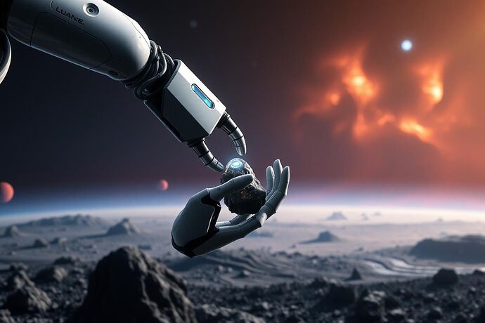 An advanced AI-guided robotic arm delicately examining a sample from a distant asteroid, with a hint of a quantum processing unit in the background. Distant nebulae visible. High detail, digital art.