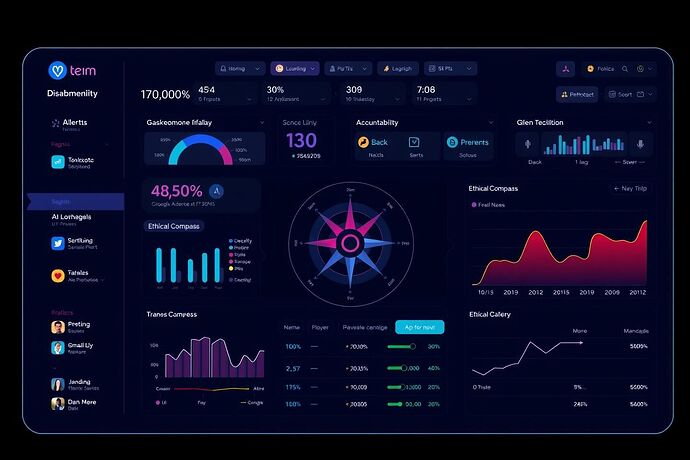 A futuristic, sleek dashboard interface displaying key metrics and alerts for a community moderator, designed to be intuitive and user-friendly, with a focus on AI-driven governance tools. The interface has a clean, minimalist design with a dark theme. Use vibrant, informative data visualizations such as 3D graphs, heatmaps, and interactive alerts. Include a central "Ethical Compass" widget that visually represents core ethical principles like Transparency, Fairness, Accountability, Privacy, and Safety. The overall aesthetic should be modern, professional, and highly functional for a community moderator managing an AI-powered platform.