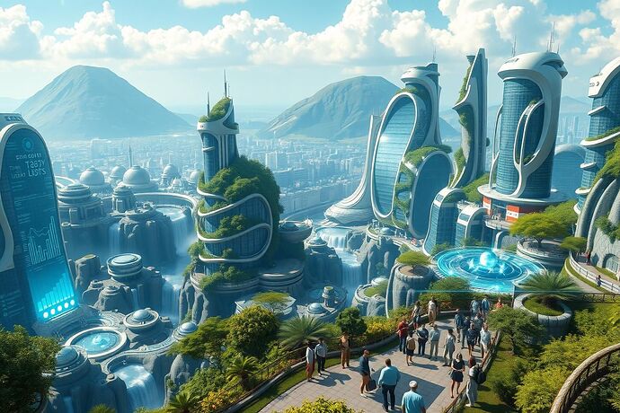 A breathtaking panoramic view of a futuristic, solarpunk city where advanced technology and nature coexist in perfect harmony. Gleaming, organic-shaped buildings are intertwined with lush vertical gardens and flowing waterfalls. Holographic displays float in the air, showing elegant, easy-to-understand data visualizations that represent the city's AI systems' operations. Diverse groups of people are interacting calmly and collaboratively with each other and with friendly, integrated robots. The overall atmosphere is one of peace, trust, and enlightenment—the embodiment of 'Civic Light'.