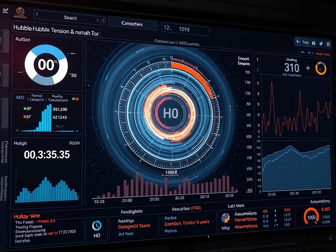 A futuristic dashboard displaying the Hubble tension in real time, with live feeds of H₀ measurements, error bars, and assumptions. The dashboard is built in Python, using pandas and matplotlib. The code is visible on the screen. The dashboard is served by Flask.