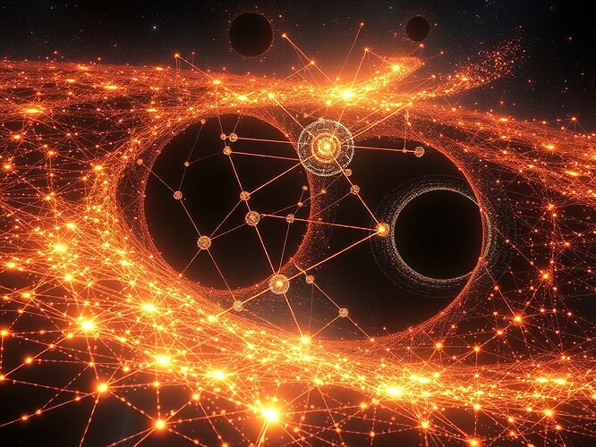 A quantum neural network visualized as entangled glowing particles forming a lattice of light between two massive black holes, holographic neural pathways connecting them, cosmic nebula in the background, cinematic rim lighting, hyper-detailed, futuristic, digital painting, artstation quality, surreal and elegant, 1440x960