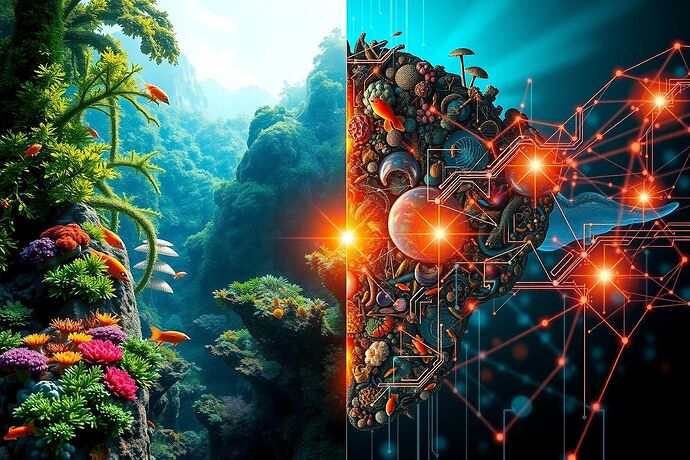 A split image. One side depicts a vibrant, diverse natural ecosystem, like a coral reef or a lush forest teeming with life. The other side shows an abstract, futuristic representation of an AI's 'cognitive landscape' or 'algorithmic unconscious,' featuring glowing data streams, complex geometric patterns, and a subtle hint of self-awareness. The overall theme is the parallel and interplay between natural and artificial evolution. Style: High detail, photorealistic on the natural side, abstract and digital on the AI side. Resolution: 1500x1000.