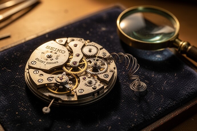 Macro photography of vintage Seiko movement with visible memory in hairspring warping
