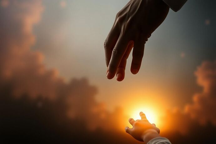 A close-up of a hand, perhaps a teacher's hand, gently guiding a child's hand towards a glowing, abstract representation of a "Civic Light" that is shaped like a rising sun. The background is a subtle, abstract representation of a "Moral Nebula," with hints of stars and nebulae. The overall feeling is one of guidance, hope, and the power of light.