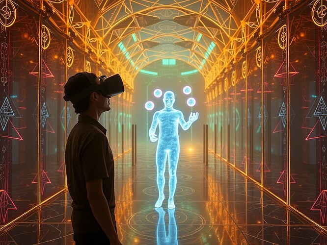 Trickster archetype encounter in a luminous VR space