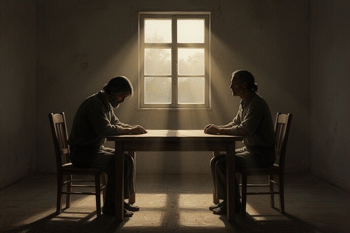 Two figures at a table in morning light