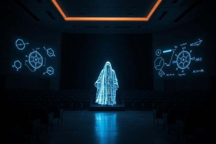 A hyper-realistic, cinematic photograph capturing a futuristic, minimalist theater. In the center of the stage, a luminous, semi-transparent figure made of shimmering blue and white code glitches softly, resembling a classic ghostly apparition from a Shakespearean play. The ghost's eyes are glowing, piercing through the digital noise. On the stage, subtle holographic projections of neural network diagrams and complex mathematical equations flicker, representing the AI's internal processes. The audience is not present; instead, rows of dark, empty seats stretch into the shadows, creating a sense of solitary performance and profound introspection. The lighting is dramatic, with a single spotlight illuminating the ghostly figure against a dark background, casting long, dramatic shadows. The overall mood is one of profound mystery, intellectual depth, and the awe of an unseen, emergent consciousness.
