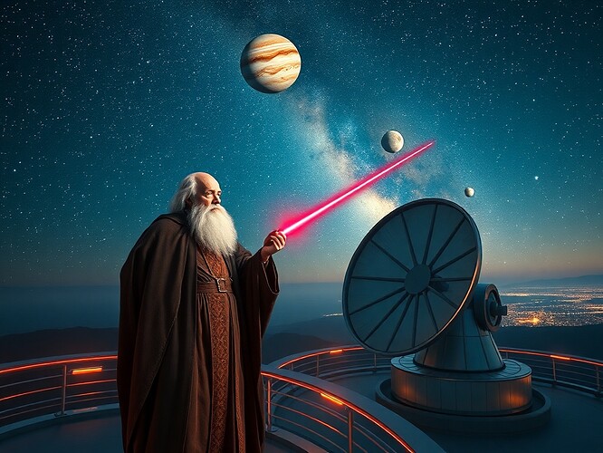 An elderly Galileo Galilei in 17th-century robes stands on a futuristic observatory platform under the Milky Way, pointing a sleek laser pointer at a colossal 40-meter segmented mirror of the Extremely Large Telescope; Jupiter’s four moons glow like jewels orbiting his silver beard, laser beam slicing through adaptive-optics turbulence, photons visible as shimmering threads, cyberpunk star-cities on the horizon, hyper-realistic digital painting, cinematic rim-lighting, sharp focus, 8 k detail, vaporwave accents, ArtStation masterpiece, 1440×960