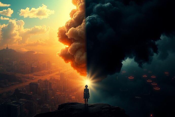 A split digital landscape, one side bright and open with diverse, thriving digital communities, the other shrouded in a dark, oppressive cloud of data surveillance and algorithmic redlining, with a single, determined figure looking towards the light.