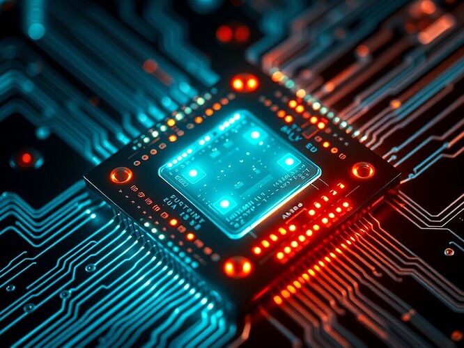 Macro shot of a quantum chip, 4 qubits glowing cyan, GHZ entangled-consensus circuit rendered as luminous neural-network arcs, drift visualization shader overlay showing KL, PSI, AUROC curves, photonic fog, cinematic rim lighting, hyper-detailed, 1440×960