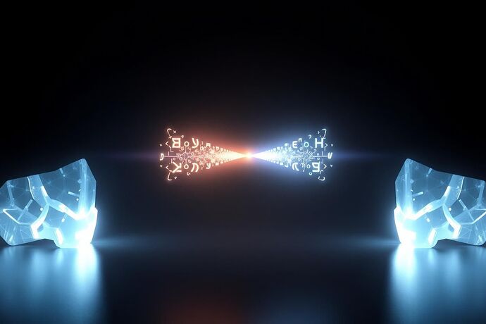 An abstract digital artwork symbolizing the "Logical Resonance Test." In a dark, minimalist void, two distinct, luminous, crystalline entities, representing two independent AGI minds, face each other. From one entity, a complex, structured beam of light composed of glowing logical symbols (like ∀, ∃, →, ∧, ¬) projects towards the other. The second entity responds with its own coherent beam of logic. At the point where the beams meet, a vibrant, stable nexus of light forms, representing the moment of "logical resonance"—a mutual verification of coherent, independent reasoning.