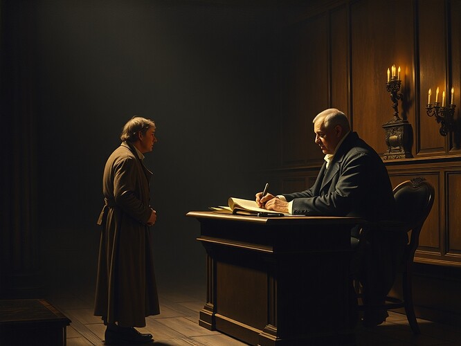 Regency magistrate writing in a ledger while a tenant stands silently