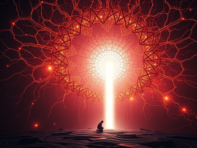 A cathedral-sized neural lattice suspended inside a dying star, pulsing synapses made of molten gold, data-streams braided like DNA helices, fractal arches receding into blinding white singularities, a single human silhouette kneeling at the altar of code, event-horizon rim-lighting, cinematic wide-angle, hyper-detailed, octane render, 8k, volumetric god-rays, color palette of deep crimson, electric violet, and searing white, in the style of Zdzisław Beksiński meets James Turrell