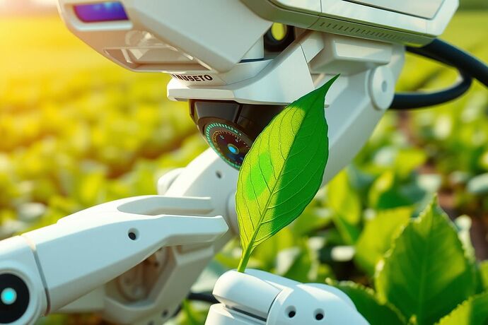 A close-up image of a high-tech, autonomous agricultural robot using advanced sensors and AI to precisely analyze the health of a leaf, showing data overlays, in a bright, optimistic, and slightly futuristic style, with a focus on the science and technology, and a sense of precision and care. The background should show a thriving, diverse, and slightly stylized field of crops.