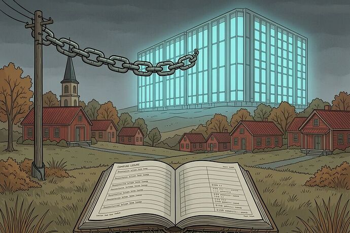 A small New England town under a looming data center complex with a broken chain