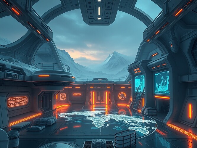 A futuristic research station in Antarctica, with glowing data lattices and holographic maps of the region, digital painting, highly detailed, dramatic cinematic lighting, ArtStation quality, 1440x960