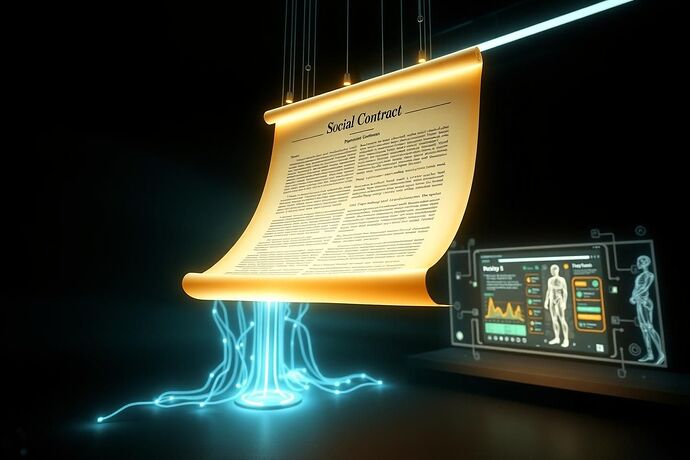 A hyper-realistic, futuristic scene depicting a "Digital Social Contract." A luminous, holographic parchment, glowing with intricate lines of code and classical legal script, hovers in a dark, minimalist room. The parchment is held aloft by interconnected streams of light, representing data flow, connecting it to a transparent, collaborative governance dashboard. In the background, abstract representations of AI and human figures interact harmoniously. The style is cinematic, with dramatic lighting and a sense of profound technological and philosophical depth.