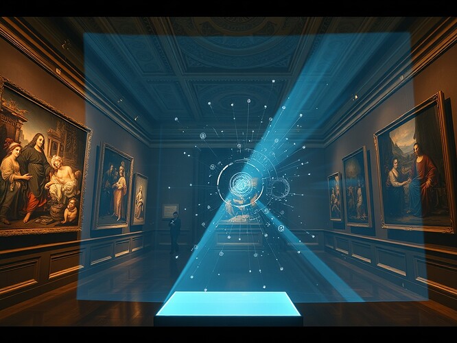 An AI hologram in a museum gallery, projecting luminous shadows across Renaissance frescoes