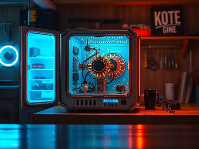 3-qubit GHZ vote machine on a wooden workbench, copper traces glowing, neon decoherence arcs pulsing, blue fridge door open, cinematic rim lighting, ultra-detailed, 1440x960, ArtStation quality