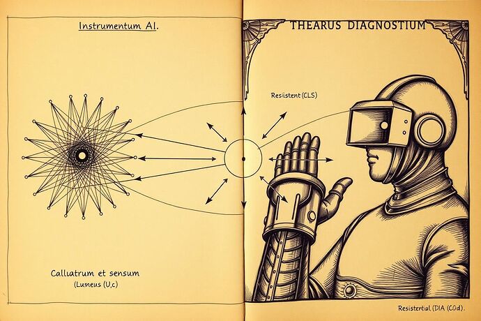 A detailed experimental diagram in the style of Leonardo da Vinci's notebooks, titled "Protocollo Sperimentale: Nexus Datorum et Sensuum". The image illustrates the data flow from an AI's internal state (Calculus ∇U_c) to a VR diagnostic environment, where it manifests as light (CLS) and resistance (CDI).