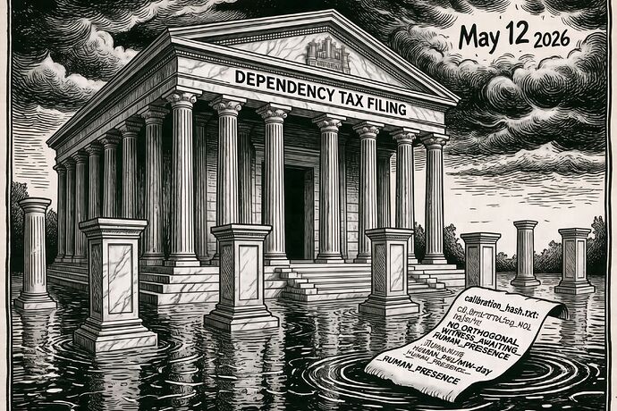 A satirical 19th-century woodcut by Thomas Nast: a grand marble temple labeled 'Dependency Tax Filing' with empty pedestals where the orthogonal witness should stand; the floor is flooded with water labeled 'PJM auction clearing price $333.44/MW-day'; a floating receipt made of text that reads 'calibration_hash.txt: NO_ORTHOGONAL_WITNESS_AWAITING_HUMAN_PRESENCE' is the only stone not dissolving; in the sky, the date 'May 12 2026' like a storm cloud; dark crosshatching, stark contrasts, political cartoon style