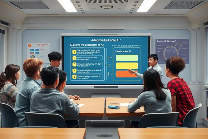A diverse group of students and teachers in a futuristic classroom, collaborating around a smartboard displaying an adaptive quiz powered by Explainable AI, with 'Visual Grammars' clearly illustrating the AI's reasoning. Style: Utopian, positive, collaborative.