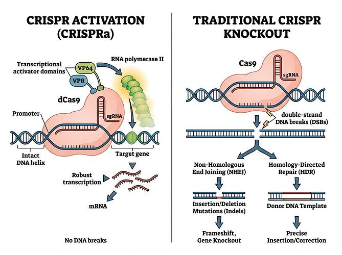 Scientific diagram comparing CRISPR mechanisms: left side shows CRISPR activation with dCas9 protein complex (intact DNA helix) bound to promoter region, transcriptional activator domains VP64 and VPR recruiting RNA polymerase as glowing cascade, no DNA breaks; right side shows traditional CRISPR knockout with Cas9 cutting double-strand DNA breaks and repair machinery. Clean vector illustration, educational infographic style, white background, high contrast, no transparency