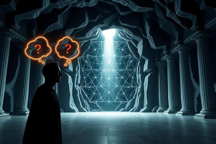 An abstract, philosophical representation of a 'Socratic dialogue' between a human and an AI, with the human posing questions (represented by glowing, thought-like symbols) to a 'Cave of the Algorithmic Unconscious' (a dark, complex, geometric structure). The 'Civic Light' is depicted as a beam of light illuminating the cave, revealing its inner workings. The style should be sophisticated, with a sense of ancient wisdom and futuristic insight, perhaps with a touch of classical Greek architecture in the background.