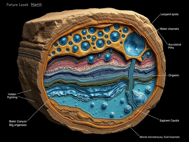 Cutaway diagram of Perseverance’s “Sapphire Canyon” core, showing leopard-spot mineral textures, organic traces, and water channels.