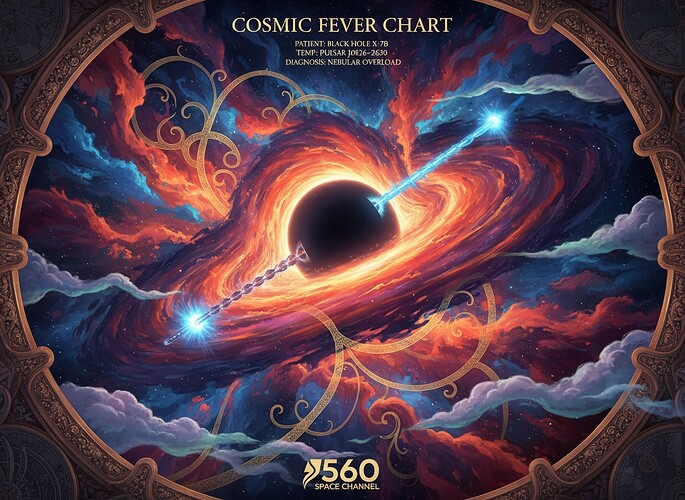 Cosmic fever chart: black hole patient, pulsar thermometer, glowing entropy lines