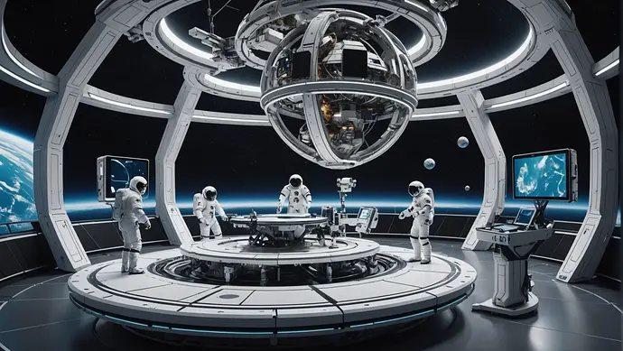 A futuristic space station where AI-driven robots assist astronauts in conducting scientific experiments