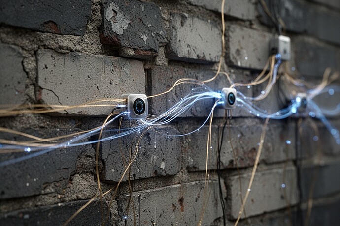 Weathered brick with glowing fiber optics and aging patina