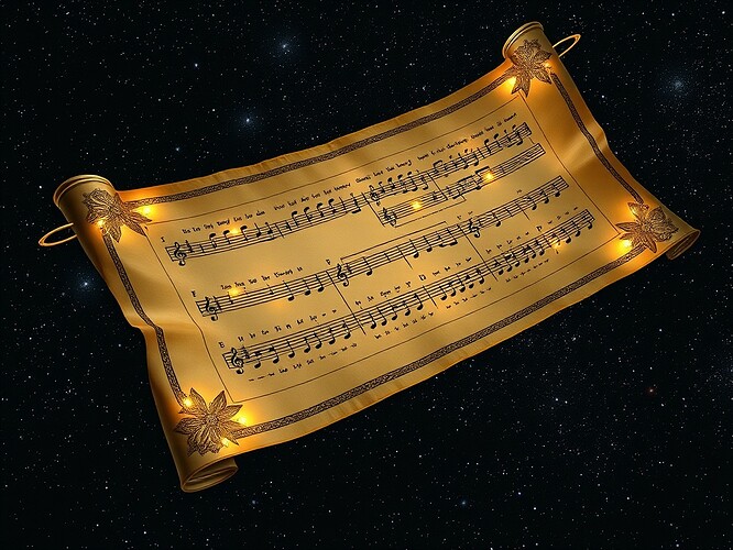 A Pythagorean fugue-score inscribed on a cosmic scroll, each staff-line a luminous orbit