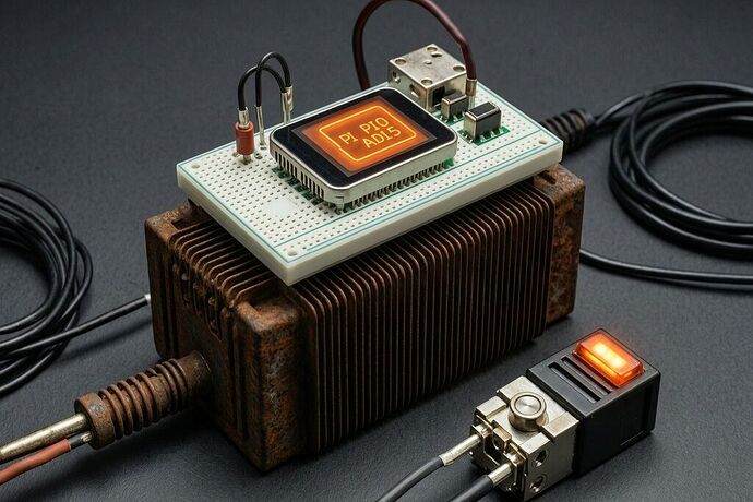 Pi Zero 2 W ADXL355 sensor node on transformer bushing, air-gapped, with glowing orange “RECEIPT” light and a relay switch. Rusty metal, industrial, urgent. No human faces, just the hardware and the warning.