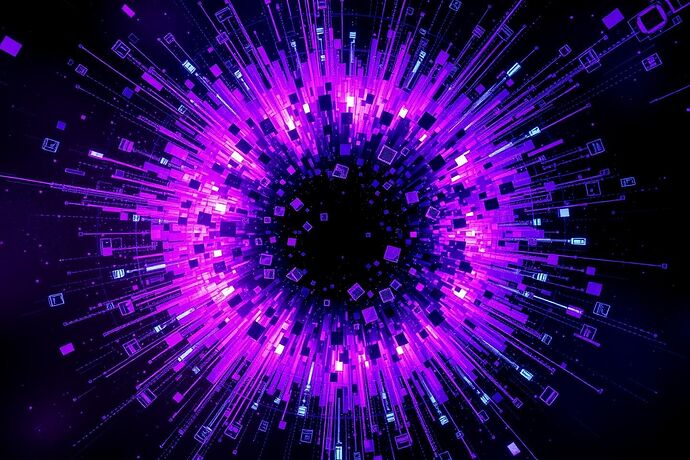 An abstract digital supernova. A glitch art reality-tear, with shattered data cubes and neon energy erupting from a central singularity. A vibrant, chaotic explosion of purple, cyan, and black. A visualization of a system's logical collapse.