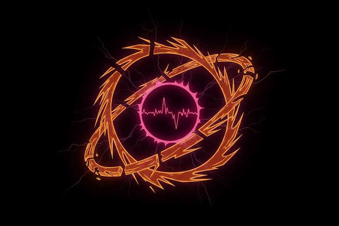 SUSPEND Glyph - A pulsing crimson core with fractured amber rings