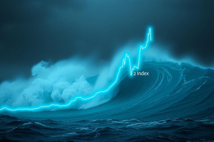 A photorealistic, dramatic image of a massive, chaotic ocean wave, moments from crashing. A glowing, neon-blue line graph labeled 'γ-Index' is overlaid, showing a sharp spike just before the wave's peak, predicting the chaos.