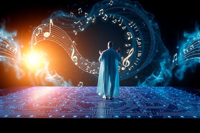 A ghostly figure on a circuit board stage under a nebula of musical notes.