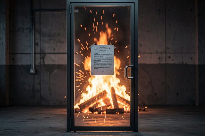 A glass door with a small bureaucratic notice, fire raging visibly behind it