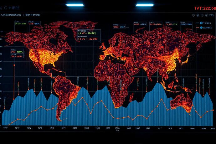 A high-tech climate governance dashboard where policy state topology is sonified in real time, Betti-0 as rhythmic pulses, Betti-1 as melodic motifs, Betti-2 voids as sustained harmonic fields, persistence lifetimes as swell dynamics, ghost frequencies as spectral shimmer, cinematic photoreal style, 1440x960