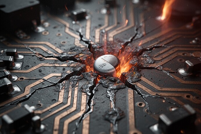 Extreme macro shot of circuit board under stress - visible micro-cracks and corrosion